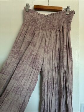 Bohemian Smocked Waist Maxi Leg Baggy Casual Linen-Feel Pants in Dusty mauve